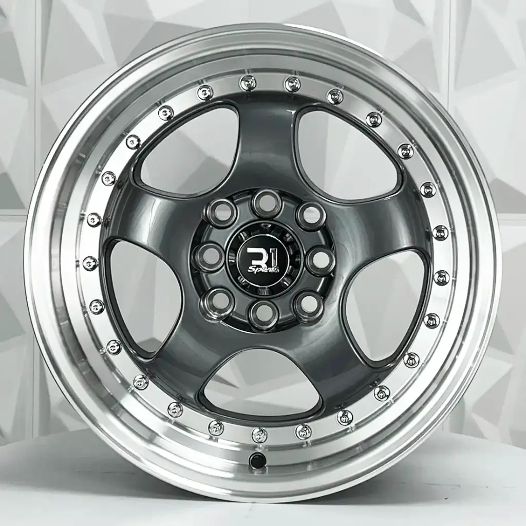 RIN 15X7 4-100/114.3 R1 SPORT 1064 GUNMETAL MACHINE LIP CHROME RIVETS ET30 CB73.